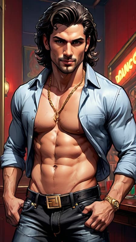 I had a dream... I was in a nightclub, and there were people on the dancefloor. The lights were bright and blinking, pulsing. The music was booming and the Bass was bumping. Then I saw him on the dancefloor... Guido. tall, masculine, rugged, handsome, sexy. Italian heritage. Muscular, fit, athletic. Dark black wavy hair, short on the sides and back, longer on top and combed back. Silky white shirt, unbuttoned to his navel, gold chains around his neck, tight black jeans revealing a bulge in his crotch. His moves were erotic and sensuous, grinding his hips and thrusting his pelvis. I could smell his cologne across the room, Sweat running down his body. C'mon, Guido, take off that shirt, I wanna see that muscular chest. I love the way your thighs are testing the denim of those jeans. Raise your arms, lemme see those hairy pits. I wanna lick the sweat from your body. Show me what you've got. He was about to do just that before I woke up... 