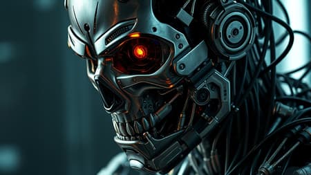 A hyper-realistic portrait of a sinister cyborg inspired by the Terminator, showcasing an intricate network of cybernetic components intertwined with human-like features, exuding an aura of malevolent intelligence. The image captures the dynamic essence of a formidable machine, embedded with concealed details and technological nuances. Set in high dynamic range, it highlights the glint of metallic surfaces and the subtle interplay of light and shadow, emphasizing the robot's menacing presence. The composition maintains realistic attention to detail in every aspect, from the nuanced textures of the synthetic skin to the gleaming intricacies of its mechanical framework.