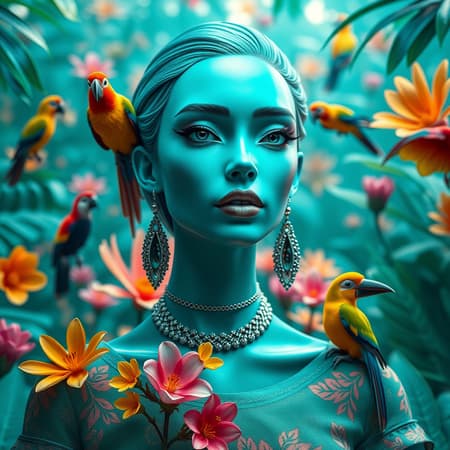 Fashion photography portrait of a turquoise human avatar in a vibrant azure jungle filled with exotic flowers and colorful birds, hyper-realistic 3d render, cinematic CGI, balanced symmetry, detailed octane render, shot with a 50mm lens, soft bokeh background, 9:16 vertical composition.