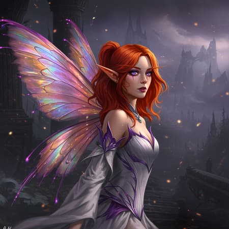 Oil painting of a female fairy with fiery red hair, enchanting purple eyes, and delicate elf ears. Her hair is elegantly styled in a cascading ponytail. She possesses translucent, iridescent fairy wings shimmering with a kaleidoscope of colors. Dressed in a white gown adorned with intricate purple accents, the scene is crafted with ornate, high detail. The composition offers a sweeping view, enveloped in a sense of Gloomy Illumination. A dramatic atmosphere pervades, with ethereal glow effects enhancing the mood. The depiction is captured in 16k UHD with HDR quality, blending elements of FastNegativeV2, UnrealisticDream, and BadDream to evoke a dreamlike, surreal vision.