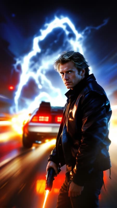 AiARTiST,movie scene,Back to the Future - The DeLorean time machine taking off from the ground,leaving a trail of light behind it.A man wearing a black leather jacket,holding a laser ***,waiting for the enemy next to the car,the camera can see the man's expression,The red and blue lights of the time machine car shone on the man's indifferent face,colorful light,The man's side face,***,