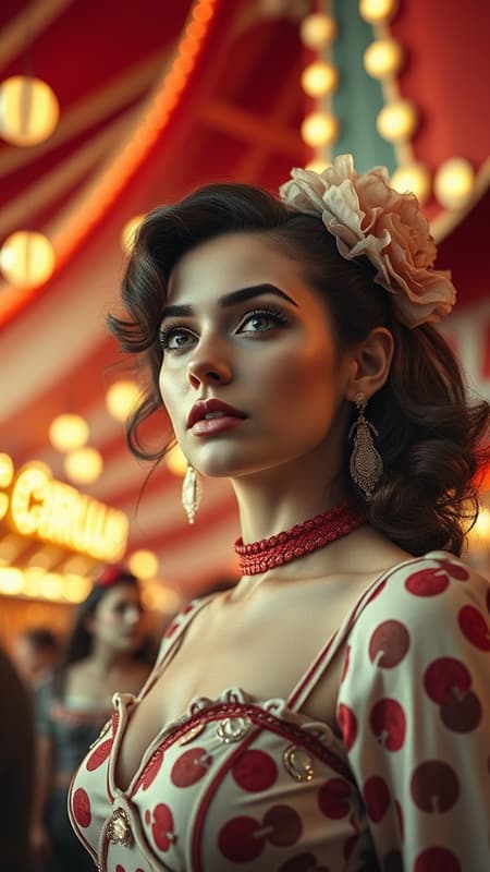 Retro-futuristic portrait of a woman at the world circus, hyper-realistic, rendered with cinematic quality and vintage-inspired CGI; captures a surrealistic essence with a retro color palette and ProPhoto RGB vibrancy. Infused with the look of a 35mm vintage photograph, the image evokes a dreamlike atmosphere, with subtle modern twists adding depth and a touch of whimsy, as she stands amidst fantastical circus elements.