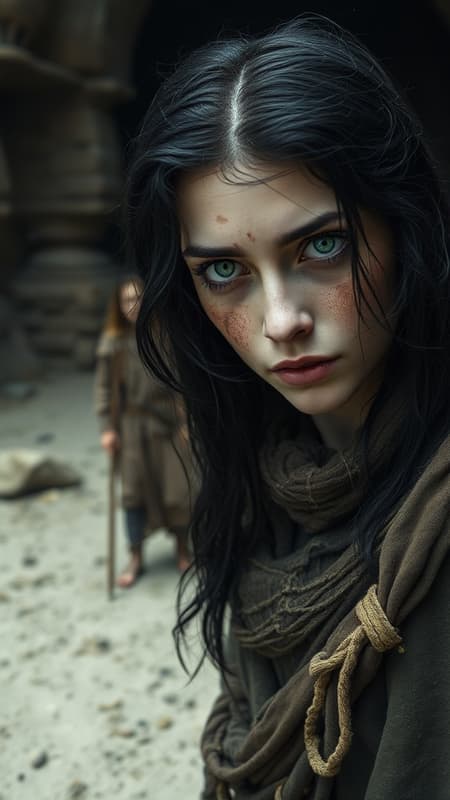 A woman with midnight black hair and vivid emerald eyes, her face smudged with dirt, clad in tattered remnants of clothing, has miraculously fled the confines of a shadowy dungeon. She now roams a desolate, ashen landscape, accompanied by others similarly attired in ragged garments. Their eyes are hollow, with weariness etched into their features, reminiscent of Tolkien's world, where Hillmen and Dunlendings once trod.