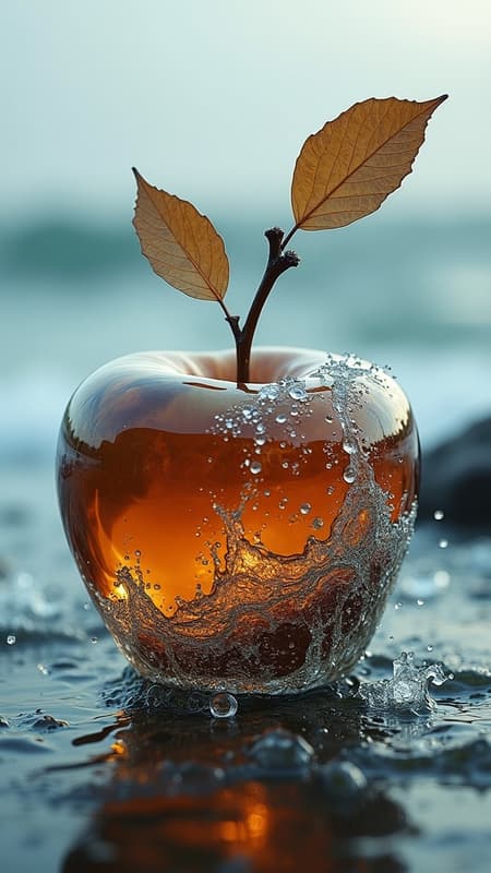 A mesmerizing double exposure image showcasing the fusion of a stormy sea and a glass apple. The tumultuous sea forms the underlying backdrop, its turbulence subtly infused within the glossy surface of the glass apple. This composition is sharply focused, highlighting the lifeless yet captivating essence of the apple's transparent shell. Earthy tones dominate, suggesting decadence and an intricate design. The piece is hyper realistic, rendered in high definition with extreme detail. Envisioned as a dark softbox image utilizing raytracing techniques, it has a cinematic quality with an HDR finish, achieving an unparalleled level of photorealism.