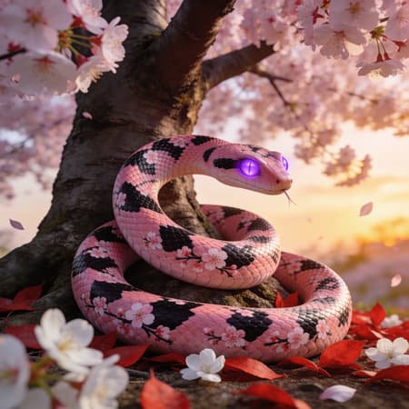 A detailed, photorealistic render of a vibrant pink snake with black scales and cherry blossom patterns, its body coiled elegantly around the base of a large cherry tree. The snake's eyes glow with a striking purple luminescence. It is surrounded by fallen red leaves and delicate white cherry blossoms. The background features a soft-focus cherry tree with blooming pink flowers and a warm, golden hour sunset glow. The lighting is ethereal and magical, creating a serene and enchanting mood. Vertical composition, highly detailed, sharp focus, volumetric lighting.