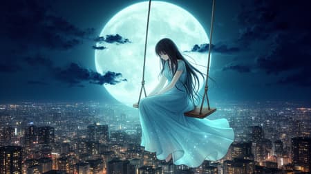 A young woman with long dark hair, wearing a flowing, light blue dress, sits on a wooden swing suspended high above a sprawling city at night. Her head is bowed, looking down. A massive, glowing full moon dominates the background, casting a pale, ethereal light. The art style is a blend of anime and digital painting, with intricate details and a slightly melancholic mood. The lighting is dominated by the moon's cool blue and cyan glow, contrasting with the warm, glowing lights of the city below. Dark blue clouds are scattered around the moon. The atmosphere is dreamlike and mystical, with tiny specks of light resembling stars or glitter on her dress and in the air.