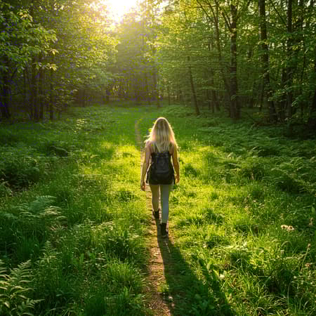 A high-resolution image captures a blonde social media influencer exploring the vivid greenery of a forest on a bright, sunlit day. She moves gracefully through the lush, sun-dappled trails, the golden light highlighting her features as she documents her journey. Her stylish, yet practical attire blends effortlessly with the serene natural surroundings, capturing her adventurous spirit and the tranquility of the woods.