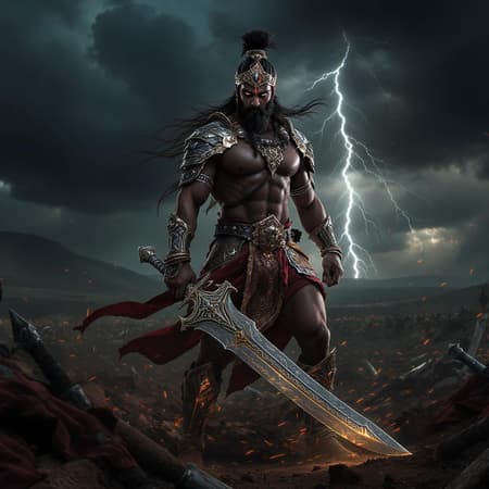 An Indian male warrior inspired by the Mahabharata, clad in intricate ethnic armor, wielding a majestic sword on a chaotic battlefield, illuminated by dramatic, moody lighting. The scene captures hyperrealism and photorealistic details with a cinematic essence in 8k resolution, showcasing dynamic movement and intense focus, set in a vast, sprawling landscape under a stormy sky.