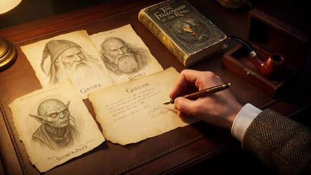 Overhead shot, a hand in a tweed jacket and white shirt cuff writing with a vintage fountain pen on aged parchment paper. Surrounding the hand are detailed, realistic pencil sketch drawings of Gandalf, Gimli, and Gollum on separate pieces of paper, each with their name and pronunciation. Next to them, an old copy of "The Fellowship of the Ring" by J.R.R. Tolkien, and a classic wooden smoking pipe in an open box. The setup is on a dark, polished wooden desk with a leather inlay. Warm, soft, directional lighting from an unseen lamp creates a cozy, nostalgic, and scholarly atmosphere. Rich, earthy tones of browns, creams, and golden yellows dominate the scene. Photorealistic style.