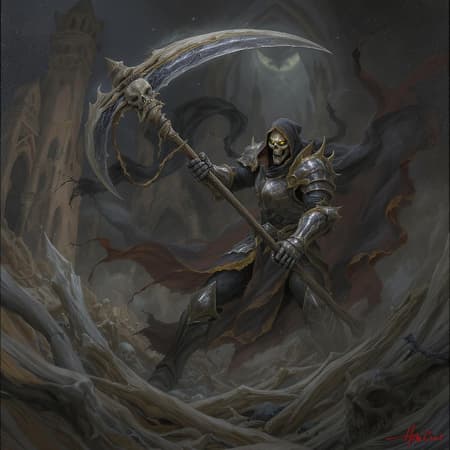 Envision Fantasy Artist, Art Envision a painting in the style of a dark fantasy artist, where the Grim Reaper, clad in full plate armor, engages in fierce combat. He wields an enormous scythe crafted from bones and skulls, its intricate details lending a chilling presence. Set within a gritty, shadowy city overrun with bones and skeletal remains, the somber atmosphere pervades every corner. The Reaper's black hooded cloak, adorned with gold trim, contrasts starkly with the pallor of his skull mask. The city's architecture is twisted and ancient, adding to the sense of foreboding and chaos. The scene pulsates with the eerie energy of dark fantasy, captivating yet haunting.