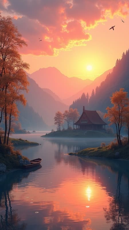 A surreal landscape featuring a tranquil lake surrounded by rolling hills under a vibrant sunset. The sky is painted with shades of orange, pink, and purple, casting a warm glow on the water. Tall, slender trees with golden leaves line the shore, their reflections shimmering in the lake. A small wooden boat drifts peacefully on the water, and a flock of birds soars gracefully across the sky. In the distance, a quaint cottage with a thatched roof sits nestled among the hills, smoke gently rising from its chimney.