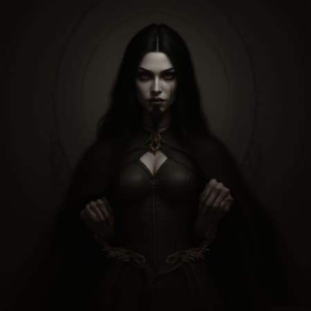 A digital artwork inspired by Greg Rutkowski featuring a woman with black hair in a proud pose, set in a dark fantasy medieval ambiance. The piece showcases ultra-quality and symmetry, capturing a sense of authority and mystery. Despite its visually striking appearance, subtle imperfections like error, low resolution, and jpeg artifacts are intentionally incorporated, adding a raw and gritty texture. The character is depicted with unique distortions, such as mutated hands, elongated limbs, and unusual proportions, creating a surreal and otherworldly effect. This intriguing composition includes mysterious elements like extra fingers, a long neck, and facial hair, weaving a narrative of transformation and enigma. Small creative modifications maintain the core essence of the dark fantasy theme, inviting viewers to explore the boundaries of beauty and the grotesque.