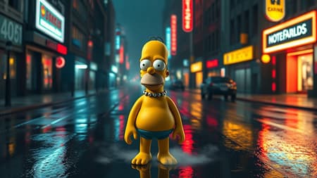 3D cartoon Homer Simpson standing alone on a deserted street in a dark rainy dystopian city, surrounded by the glow of flickering neon lights in the background. The atmosphere is cinematic and moody, reminiscent of Blade Runner tones, with the rain casting reflective puddles on the ground. The scene is captured in ultra 4K, with hyper-realistic details showcasing Homer's puzzled expression as he faces the isolation of this futuristic world. Soft mist swirls around his feet, adding an eerie sense of surrealism to the urban landscape.
