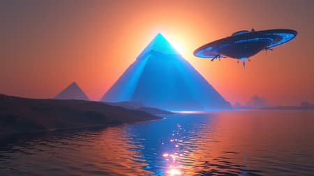 Generated Blue Pyramid A radiant blue pyramid casts its reflection over the shimmering waters of the Nile as an alien spaceship hovers above, casting intriguing shadows on the landscape under a brilliant sunset, creating a surreal scene that melds the ancient with the otherworldly in a captivating 16:9 panorama.