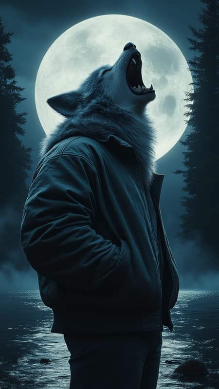 a realistic warewolf howling at a full moon, it is half man half wolf, super large muscles tear the seams of the clothing,  the warewolf is wearing a letterman jacket in the deep moonlit woods, the refelection of the moon is seen in the lake, there is a transformation happening between man to warewolf, he is in pain as the fur grows on his human skin