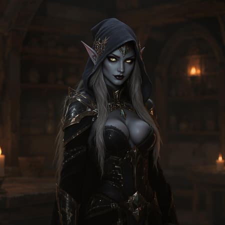 A stunning Drow thief from the D&D Circle of Stars, possessing mesmerizing eyes and a detailed, realistic face, situated in a Medieval tavern with moody, dramatic lighting. The character showcases gray skin, adorned in intricate fantasy attire, set against a backdrop of flickering candlelight and rustic wooden decor. Her presence is captivating, blending seamlessly into the dark fantasy atmosphere, with the scene rendered in high-definition, producing an 8k, UHD, HDR quality image. Her expression and posture convey a sense of mystery and allure, enhancing the enchanting yet shadowy ambiance. The attention to detail highlights her otherworldly elegance, inviting onlookers to delve into the immersive world of fantasy adventure.