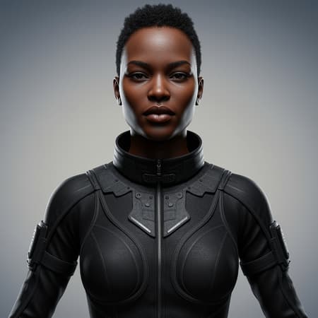 A striking portrait of a black woman in innovative techwear, showcasing an ultra-realistic and highly detailed depiction under perfect studio lighting, her expression embodies confidence and intelligence. The attire blends futuristic elements with intricate textures and functional design, featuring sleek lines and advanced materials in shades of black and metallic. Her hair is styled in a modern, edgy fashion that complements the techwear aesthetic, while subtle yet captivating makeup accentuates her natural beauty. The background is a soft gradient that enhances the focus on her poised presence and the avant-garde design of her clothing.