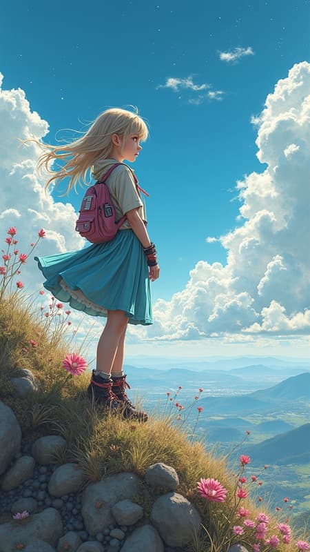 Space Girl Standing Art space girl standing gracefully on a hill with a serene and beautifully detailed face and an anime-inspired aesthetic, the scene captures her as the focal point in an expansive, panoramic view, exuding breathtaking vibrancy and cinematic allure. The artwork showcases intricate detailing, reminiscent of the styles of Carne Griffiths, Conrad Roset, and the charm of Studio Ghibli films.