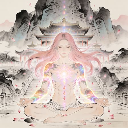 Ink Illustration Of A 21-year-old Ink illustration of a 21-year-old woman with long, flowing pink hair and pale skin, in a state of deep meditation at an ancient mountain sanctuary. Energy emanates from her body. Sacred tattoos glow on her muscular arms with neon light. Petals float down around her. Elegant illustration with radiant effects. Detailed, hyper-detailed, concept art, harmony, serenity, dynamic lighting, intricate details, mystical glow, high contrast, colorful, ink illustration.