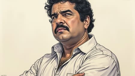A portrait sketch of Pablo Escobar drawn on paper, centered, featuring intricate and highly detailed linework, capturing breathtaking beauty with precise artistry. The composition is vibrant and comprehensive, inspired by the cinematic style of Charles Dana Gibson. Although envisioned in 8k and hdr, it possesses a nostalgic low-resolution essence of Vice City. The artwork introduces elements of imperfection, such as text errors, missing or extra digits, and cropped sections. It incorporates jpeg artifacts, ambiguous signatures, and occasionally exhibits flawed anatomy with misplaced or mutated limbs, adding a raw, disfigured quality to the image. Aspects of the portrait may appear blurry or fuzzy, evoking a misshaped, mutant, and intriguingly gross character. Despite its beauty, the piece includes touches of discord with watermarks, random text, artist names, and copyright notices subtly embedded within its content.