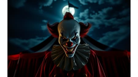 A menacing clown poised before the looming silhouette of the circus tent under a moonlit sky, captured in exquisite high resolution with a professional photographer's eye, the scene lit dramatically from behind with beams of dynamic light casting eerie shadows, a sinister grin stretching across the clown's painted face, the cinematic composition amplifying the tension of the nocturnal setting. A menacing clown poised before the looming silhouette of the circus tent under a moonlit sky, captured in exquisite high resolution with a professional photographer's eye, the scene lit dramatically from behind with beams of dynamic light casting eerie shadows, a sinister grin stretching across the clown's painted face, the cinematic composition amplifying the tension of the nocturnal setting.