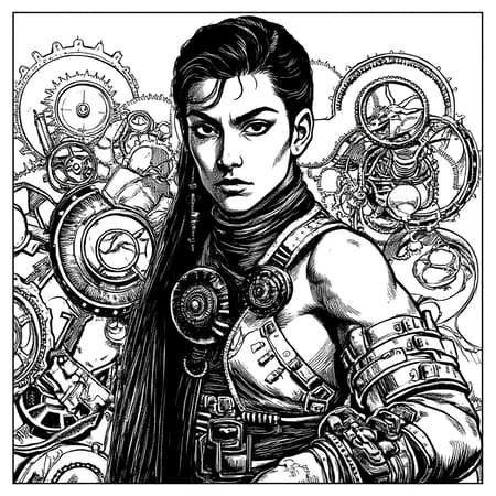 Steampunk-inspired vector art of Lara Croft in a detailed, comic style reminiscent of Jim Lee, monochrome palette, featuring intricate mechanical gears and accessories, dynamic pose with a focus on expression and character depth, emphasizing shadows and highlights to enhance texture and form.