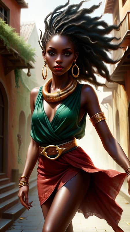 A character for Changeling: The Dreaming, fairytales in modern day times. She is an Eshu, an African faery being. Feminine female wanderer, storyteller, modern vagabond. She has the ability to walk between worlds. If there is a path or trod that will lead to a magical place, she will find it. When she tells a story of faraway places, you can practically see and hear what she describes, no one tells a story like she does. Her dark eyes are starlit, you can almost see the beginning of time in them. 

Tall, slender, lithe but strong and athletic, a dancer's build. Of African descent, her skin is dark brown and smooth. Medium length black hair, curlly and coiled, in an asymmetrical style, braided on one side and falling loosely to the other side of her head.  Beautiful face, high cheekbones and full lips, a model's face. Dark eyes that sparkle with starlight, moderate make-up on eyes with dark red lips. Gold dagger-shaped earrings in her slightly pointed ears and gold bangle bracelets on her arms, as well as a necklace with an emerald around her neck. She wears a beautiful layered silk minidress in African colors of red, black and green with a golden metallic belt around her waist. A long flowing red silk scarf tied around her neck, and red soft suede knee-high boots with medium heels on her feet. When she walks, she leaves a trail of golden glitter in her wake, it comes from her shining golden aura. Wherever she goes, adventure awaits. Full body pose, walking towards some unkown path in the city... 