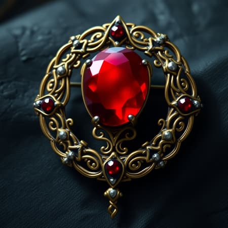 A mystical game artifact, a grand brooch crafted in a perfect circle, showcasing a rich, blood-red ruby at its heart. Adorned with intricate, interwoven gold filigree and subtle silver accents, it exudes an air of dark fantasy mystique. Its design hints at ancient tales and forgotten magic, with shadowy undertones that evoke a sense of both power and mystery.