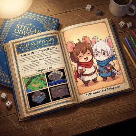 An open RPG strategy guide book on a wooden table, featuring an anime-style illustration of two adorable mouse-eared characters on the right page, one brown-haired with a red scarf and white tunic, the other white-haired with a blue scarf and tunic, holding a sword. The left page has "STELLAR ODYSSEY: Journey of the Venture Mice" as the title, with sections for "UNCOVER HIDDEN SECRETS!" and a "Dungeon map" with pixel art game screenshots. The right page also has text about a "Fully fleshed out dating sim!" The art style is a blend of cute anime characters and pixel art game elements, with a warm, inviting atmosphere. Soft, diffused lighting illuminates the book, creating a cozy mood. Rich blues and golds dominate the cover, contrasted with the characters' vibrant clothing. Intricate border details frame the text sections. The overall aesthetic is clean and inviting, resembling a real-world game guide.