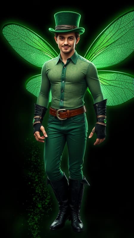 Faery of Celtic/Irish origins. Fairy, part pixie. Short and stocky, but very well built. Masculine Caucasian male. Broad shoulders, broad chest, narrow waist. Fair skinned, twinkling jade green eyes. Very short dark brown hair, usually slicked back/combed back with a green velvet stovepipe tophat on top of his head. Handsome face, rugged looks. Strong brow and chin, dark brown goatee on face, cute smile. He wears a long sleeved translucent sheer green mesh shirt with swirly patterns in various shades of green; it fits tight across his chest. Black leather bracers on his arms, a black leather studded belt around his waist. The belt has a huge green emerald belt buckle. Form-fitting green jeans, the legs tucked into tall black leather boots with silver buckles. He has a pair of huge dragonfly wings, green and translucent--he uses them to fly. He glows with a shiny green aura and leaves a trail of twinkling green pixie dust wherever he goes. It twinkles like stars. He carries a glowing silver short sword, the hilt decorated with emeralds. Full body pose, flying through the clouds, rainbows in the sky. Faery of Celtic/Irish origins. Fairy, part pixie. Short and stocky, but very well built. Masculine Caucasian male. Broad shoulders, broad chest, narrow waist. Fair skinned, twinkling jade green eyes. Very short dark brown hair, usually slicked back/combed back with a green velvet stovepipe tophat on top of his head. Handsome face, rugged looks. Strong brow and chin, dark brown goatee on face, cute smile. He wears a long sleeved translucent sheer green mesh shirt with swirly patterns in various shades of green; it fits tight across his chest. Black leather bracers on his arms, a black leather studded belt around his waist. The belt has a huge green emerald belt buckle. Form-fitting green jeans, the legs tucked into tall black leather boots with silver buckles. He has a pair of huge dragonfly wings, green and translucent--he uses them to fly. He glows with a shiny green aura and leaves a trail of twinkling green pixie dust wherever he goes. It twinkles like stars. He carries a glowing silver short sword, the hilt decorated with emeralds. Full body pose, flying through the clouds, rainbows in the sky.