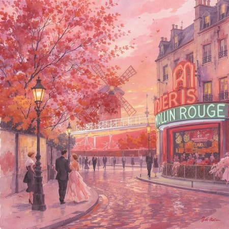 Paintings of Paris, rose-tinted sunset, crafted in the style of Mark League, a renowned watercolorist known for his skillful composition and tactile textures. Set in the autumn of 1950, this scene captures lovers strolling in the early evening glow near the iconic Moulin Rouge. The atmosphere is filled with the charm of pink champagne hues, intertwined with the nostalgic elegance of a bygone era.