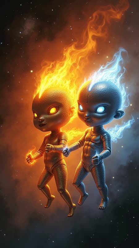 Little flaming cosmic babies. They all have fiery auras, the flames are cosmic and can burn in space. The gold ones have reflective metallic gold skin and glowing amber eyes, the silver ones have metallic chrome skin and glowing white or glowing blue eyes. They all have a tiny flame emitting from their foreheads, signifying their power. They hang out together in groups, flying through the cosmos feeding on the energy from gas clouds. They are a peaceful and inquisitive race of beings, exploring the universe in all of its splendour. Little flaming cosmic babies. They all have fiery auras, the flames are cosmic and can burn in space. The gold ones have reflective metallic gold skin and glowing amber eyes, the silver ones have metallic chrome skin and glowing white or glowing blue eyes. They all have a tiny flame emitting from their foreheads, signifying their power. They hang out together in groups, flying through the cosmos feeding on the energy from gas clouds. They are a peaceful and inquisitive race of beings, exploring the universe in all of its splendour.