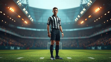 ((a captivating figure dressed as a football referee stands on the football field, centrally positioned and looking towards the viewer. The scene is captured in a portrait-style photograph with detailed skin textures and photo-realistic quality. The image is rendered in 8k resolution, highlighting intricate details with full-length framing. The colors are rich and natural, achieved with High detail RAW color art. The lighting is softly diffused, creating a shallow depth of field with sharp focus for a hyper-realistic effect. The cinematic lighting adds to the overall 3D CGI quality of the photograph. Certain elements have been intentionally cropped to focus attention on the main subject. The figure maintains a flawlessly proportional physique, avoiding any distortion, anomalies, or unrealistic features, and exudes a sense of realism and authenticity, without unnecessary distractions or imperfections. ((a captivating figure dressed as a football referee stands on the football field, centrally positioned and looking towards the viewer. The scene is captured in a portrait-style photograph with detailed skin textures and photo-realistic quality. The image is rendered in 8k resolution, highlighting intricate details with full-length framing. The colors are rich and natural, achieved with High detail RAW color art. The lighting is softly diffused, creating a shallow depth of field with sharp focus for a hyper-realistic effect. The cinematic lighting adds to the overall 3D CGI quality of the photograph. Certain elements have been intentionally cropped to focus attention on the main subject. The figure maintains a flawlessly proportional physique, avoiding any distortion, anomalies, or unrealistic features, and exudes a sense of realism and authenticity, without unnecessary distractions or imperfections.