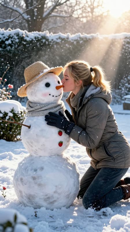 Cinematic comic book illustration set in a snowy winter garden at sunrise, fresh snow on hedges and frozen flowerbeds, sparkling ice crystals in the air. A charming snowwoman stands close, shaped from smooth snow spheres with a feminine silhouette, a cute summer straw hat on her head, a cozy scarf and small strawberry decorations on her chest like playful buttons. A beautiful adult blonde woman with a ponytail wears a padded winter jacket and warm gloves, she gently kisses the snowwoman with closed eyes, tender romantic mood. Dramatic sunlight and god rays cut through drifting snow mist, high contrast lighting, warm golden highlights against cool blue shadows, crisp ink lines, rich halftone shading, dynamic framing, shallow depth of field, cinematic glow, detailed textures, love and serenity.