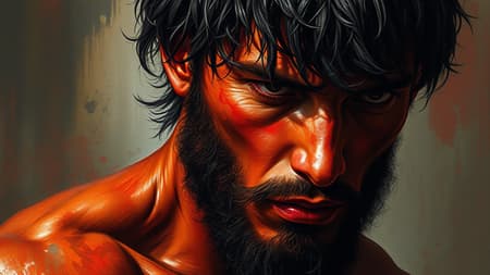 Adam the primordial man, adorned with deep crimson skin and short ebony hair, reflecting a biblical essence. A mesmerizing fusion of digital and traditional artistry, capturing his presence with the subtle fluidity of watercolor and the bold richness of oil. The scene exhibits a painterly style akin to the masterpieces of Jeremy Lipking and Antonio J. Manzanedo, infused with the ornate elegance of Alphonse Mucha and the dramatic flair of Fuller Graves. The composition echoes the classic beauty of Bartolome Esteban Murillo and JC Leyendecker, enhanced by the dynamic brushwork of Craig Mullins. A nod to the robust figures of Peter Paul Rubens, the painting comes to life in rich textures and high detail, merging photorealism with concept art brilliance. Featured prominently on platforms like CGSetivity and ArtStation in full 8k resolution, it stands as a testament to official art trends celebrated for its intricate detail and visionary execution.