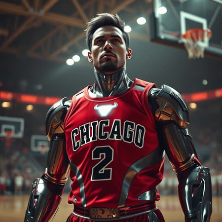 Ironman in a Chicago Bulls uniform takes center court, his suit gleaming under the gym lights as if in a virtual world. He dons a classic Chicago Bulls jersey, the vibrant red contrasting with his metallic armor. The scene captures a realistic perspective reminiscent of Xbox 360 graphics, blending surreal realism with emotive nuances. His expression is intensely focused, reflecting his determination and competitive spirit. The ambiance is almost otherworldly, with an eerily realistic aura, creating a striking balance between the futuristic elements of his suit and the nostalgic feel of a classic basketball setting.