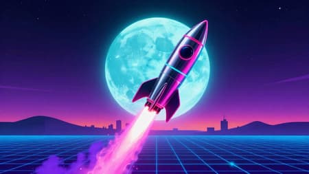 Retro-futuristic digital art, a sleek chrome rocket launching upwards, leaving a vibrant pink and purple exhaust trail. The rocket has neon pink and teal stripes. In the background, a giant glowing cyan moon dominates the sky, with a hazy pink and orange gradient horizon. Below, a cityscape silhouette and rolling hills are rendered with a blue wireframe grid. The entire scene is set against a dark, star-filled sky with purple grid lines extending into the distance, giving a strong synthwave aesthetic. Dynamic lighting, high contrast, vibrant neon colors.