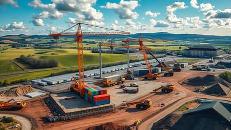 Aerial and ground-level photographs capturing the bustling construction site of the dry port in Drogobich, showcasing cranes lifting massive containers, workers in high-visibility gear coordinating activities, and heavy machinery shaping the land; the surrounding landscape features rolling hills and a mix of modern and traditional architecture, illustrating the integration of cutting-edge infrastructure into the local environment, enhanced by dynamic lighting that highlights the scale and ambition of the project, all set under a vibrant blue sky dotted with clouds. Aerial and ground-level photographs capturing the bustling construction site of the dry port in Drogobich, showcasing cranes lifting massive containers, workers in high-visibility gear coordinating activities, and heavy machinery shaping the land; the surrounding landscape features rolling hills and a mix of modern and traditional architecture, illustrating the integration of cutting-edge infrastructure into the local environment, enhanced by dynamic lighting that highlights the scale and ambition of the project, all set under a vibrant blue sky dotted with clouds.