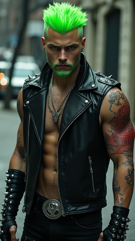 masculine man, Caucasian male. Heavy Metal and Punk Rock fan. Tall, thin, lithe but muscular, sinewy, well defined, wide shouldered. Pale skin, strong brow and chin. Rugged good looks. Electric green eyes, intense gaze, often sneering. Bright green hair, shaved on the sides and top, with a shark fin Mohawk hairstyle in the center of his head. 3 spiked piercings down the center of his forehead. Goatee on the face is also green. He wears a sleeveless black leather motorcycle jacket, unzipped. Black leather bracers on his arms, silver spikes on them (bracers).  Red biohazard tattoo on his left arm. Armpit hair is also green, which he displays proudly. Black leather jeans, with a spiked leather belt. A silver biohazard symbol as the belt buckle. Full body pose. His aura is a radioactive green, often toxic to the people around him. He roams the city streets. 