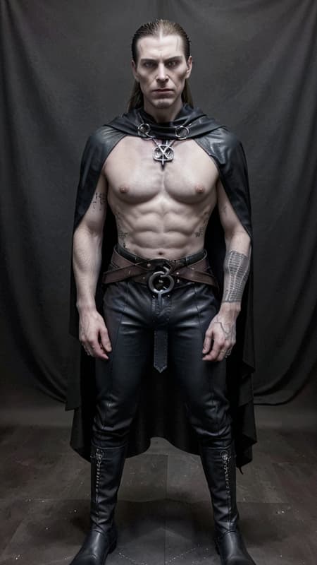Supervillain, Warlock, evil male witch. He keeps an evil Book of Shadows, the cover is made of human skin. He can summon energy from the Netherworld, all his spells are dark. The energy manifests as blue-black, he uses it for many different effects. He is a cult leader at night, a businessman during the day. He keeps a statue of Baphomet on his altar, and an inverted penatacle on his person at all times, usually a silver chain around his neck.
Caucasian masculine white male. Tall, slim, lithe but muscular, wide shoulders. Pale skin, brown eyes, strong brow and jaw, prominent cheeckbones. Hairless face aside from a dark brown goatee on his chin. Long dark brown hair that he keeps combed and slicked back into a low hanging ponytail. He wears black goth styled make-up around his eyes. A loose-fitting midnight blue sleeveless shirt that exposes his arms. He has a tattoo of The Devil on his left upper arm. His shirt is tucked into his pants of the same color, but the shirt is open to reveal the top part of his chest. His silver inverted pentacle hangs prominently from his neck. Black leather bracers on his arms. A heavy black leather belt with silver grommets around his waist, an inverted pentacle as the buckle. Black leather riding boots on his feet, pants tucked into them. Lastly, he wears a long hooded cape that is black on the hood and fades into midnight blue towards the edges of the cape. There are red demonic sigils on the shoulders and edges of the cape. He carries a ceremonial Satanic dagger, but isn't afraid to use it as a weapon if his magic fails. Full body pose, probably committing some evil. Supervillain, Warlock, evil male witch. He keeps an evil Book of Shadows, the cover is made of human skin. He can summon energy from the Netherworld, all his spells are dark. The energy manifests as blue-black, he uses it for many different effects. He is a cult leader at night, a businessman during the day. He keeps a statue of Baphomet on his altar, and an inverted penatacle on his person at all times, usually a silver chain around his neck.
Caucasian masculine white male. Tall, slim, lithe but muscular, wide shoulders. Pale skin, brown eyes, strong brow and jaw, prominent cheeckbones. Hairless face aside from a dark brown goatee on his chin. Long dark brown hair that he keeps combed and slicked back into a low hanging ponytail. He wears black goth styled make-up around his eyes. A loose-fitting midnight blue sleeveless shirt that exposes his arms. He has a tattoo of The Devil on his left upper arm. His shirt is tucked into his pants of the same color, but the shirt is open to reveal the top part of his chest. His silver inverted pentacle hangs prominently from his neck. Black leather bracers on his arms. A heavy black leather belt with silver grommets around his waist, an inverted pentacle as the buckle. Black leather riding boots on his feet, pants tucked into them. Lastly, he wears a long hooded cape that is black on the hood and fades into midnight blue towards the edges of the cape. There are red demonic sigils on the shoulders and edges of the cape. He carries a ceremonial Satanic dagger, but isn't afraid to use it as a weapon if his magic fails. Full body pose, probably committing some evil.