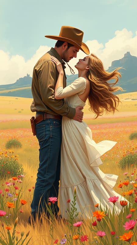 Romantic illustration of a couple locked in a passionate embrace, set in the Wild West amidst a vibrant field of wildflowers, with a gentle breeze rustling through the landscape, evoking the timeless allure of a classic romance novel, presented in a raw, natural style.