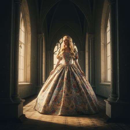 Beautiful and aesthetic vintage fairy tale art featuring a single princess in a spire room dressed in an intricately detailed, colorful ballgown. The scene is illuminated with cinematic lighting highlighting detailed shadows and the princess's beautifully detailed face. She has long blonde hair and a graceful demeanor, full body portrayed in UHD, HDR, and 8K quality. The environment is rich with intricate details that evoke a sense of vintage charm and elegance, capturing a magical, dreamlike atmosphere.