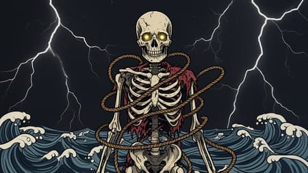 A stylized graphic horror illustration of an skeletal sailor depicted in a simplified yet striking visual style. The figure is outlined with bold lines and filled with textured shading, emphasizing key features such as glowing eyes, exposed bone structure, and torn clothing. Ropes wrap around his body in exaggerated looping shapes, creating visual rhythm. The ocean is represented with stylized wave forms, using curved shapes and layered patterns instead of realistic detail. Lightning is depicted as sharp, angular lines cutting across a dark sky, adding dramatic contrast. The color palette is limited to dark tones with bright highlights for lightning and eyes. The composition is centered and bold, focusing on strong silhouettes and clear visual impact. The overall aesthetic is graphic, modern, and visually intense, prioritizing design clarity and atmosphere over realism. The mood is dark, striking, and stylized, with a strong emphasis on composition and contrast.