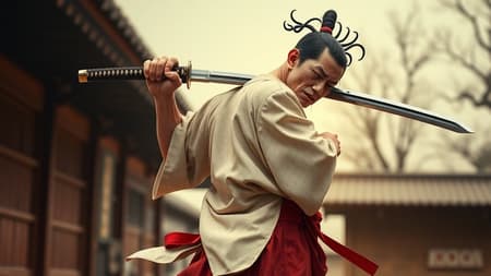 Sword over shoulder, kodachi, poised with sword, laundry pole, gripping sheath, arm blade, ensis exorcizans, tsuba, mizura, samurai, battoujutsu stance, sword cane, sunrise stance, tachi, red hakama, tsuka, yukianesa, seven-branched sword, twirling weapon, kouhaku nawa, disfigured, kitsch, oversaturated colors, grainy texture, low resolution, deformed anatomy, blurry imagery, distorted face, mutated form, extra appendages, unappealing, poorly rendered hands, missing limbs, blurry vision, floating and disconnected limbs, malformed hands, out of focus, elongated neck and body, unattractive, surreal elements, multiple heads, surplus arms and legs, twisted form, closed or unfocused eyes, lingering watermark, surreal fashion references.