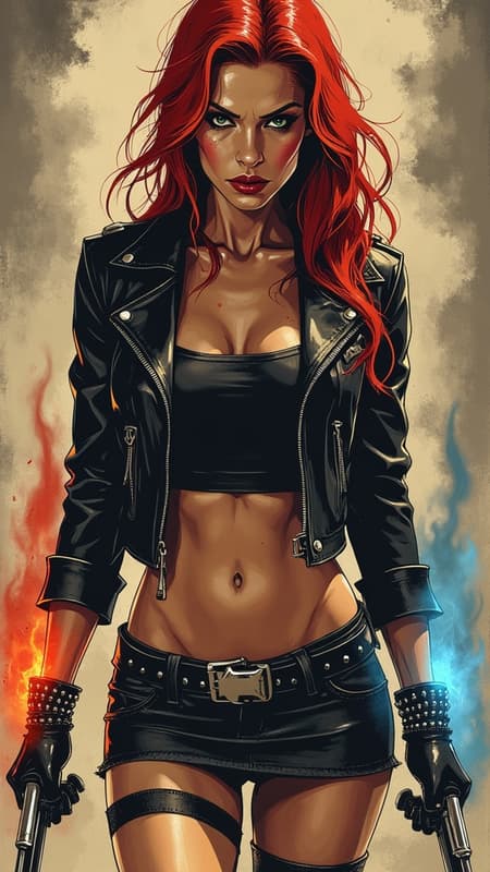 Heavy Metal biker Chick, super-hero . Feminine young woman. Long, wild flaming red hair swept back on one side, loose curls. Jade green eyes, moderate make-up, ruby red lips. Pretty, model girl, athletic, tall, busty. Black leather jacket, black spandex T-shirt, studded black leather bracelets on arms. Black leather mini-skirt, studded leather belt. Long legs, thigh high stiletto-heeled black leather boots. Red energy/fire from right hand/fist, blue energy/fire from left hand/fist. Full body pose. She always has a Harley motorcycle somewhere close by, high powered and lights on. Heavy Metal biker Chick, super-hero . Feminine young woman. Long, wild flaming red hair swept back on one side, loose curls. Jade green eyes, moderate make-up, ruby red lips. Pretty, model girl, athletic, tall, busty. Black leather jacket, black spandex T-shirt, studded black leather bracelets on arms. Black leather mini-skirt, studded leather belt. Long legs, thigh high stiletto-heeled black leather boots. Red energy/fire from right hand/fist, blue energy/fire from left hand/fist. Full body pose. She always has a Harley motorcycle somewhere close by, high powered and lights on.