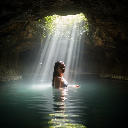 An enchanting hot spring nestled deep within the heart of a dimly lit cave, where gentle steam swirls above the surface of the tranquil water. An Indian woman with long, shimmering, wet black hair glides effortlessly through the warm embrace of the pool, her eyes meeting yours with an enigmatic gaze. A soft beam of sunlight filters through the cave's opening, casting a mystical glow that dances upon the water's surface and highlights her silhouette, creating a mesmerizing interplay of light and shadow. The earthy smell of mineral-rich stones and the soothing sound of water droplets echoing softly against the cave walls enhance the atmosphere, making it a hidden sanctuary of natural beauty.