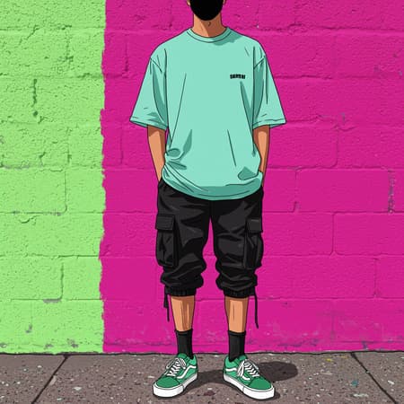 Creative illustration art featuring a full-body depiction of a man dressed in a mint green over-fit T-shirt and black capri cargo pants paired with green Vans old school sneakers. The man is integrated into a vividly colored digital artwork characterized by bold outlines and a vibrant palette consisting of bright pink, neon green, and magenta. The artwork boasts a playful, cute, cartoonish style. The man stands in front of a lively, colorful wall that fills the solid background.