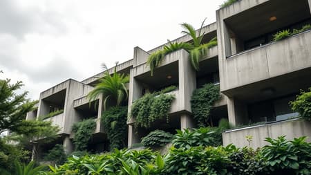 A contemporary, brutalist-style residential building is surrounded by vibrant greenery. The structure showcases raw, exposed concrete with prominent, rectangular, and cantilevered slabs. Each section of concrete is defined by sharp, clean lines and varied depths, enhancing the building's sense of form and dimension. Lush plants are seamlessly integrated into the design, cascading over the concrete edges and merging nature with the industrial aesthetic. The scene is captured with a full-frame DSLR or mirrorless camera using a wide-angle lens that reveals the entire width of the building and its green surroundings while preserving depth and scale. The camera is set to a small aperture for a deep depth of field, ensuring both the architecture and the vegetation are sharply in focus. The composition is symmetrical, with the building as the central focus. It is horizontally aligned across the middle of the image, while the greenery occupies the bottom section, and the cloudy sky fills the top, creating a balanced, layered visual effect. Soft, diffused lighting from an overcast day eliminates harsh shadows and enhances the texture of the concrete, fostering a moody ambiance. The damp pavement in front reflects light subtly, adding texture and grounding to the scene. 