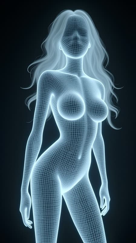 Sci-Fi, strange, eerie...sexy? Ghost in the electronics? She is a shapely curvy female humanoid form with no discernable features; even her long hair is composed completely of television static and has an eerie glow. She can become energy and move through power lines, telephone lines, outlets, cable lines, and anything plugged in. She can appear  in television screens, computer monitor screens, and sometimes smartphone screens. She travels through connected lines, but can ride the airwaves if necessary. When she appears in full humanoid form, she is just a sensuous curvy glowing figure composed of television static,including her hair. She has no actual voice, but sometimes people can hear breathing through whatever electronic devices they might be using. Otherwise, she sounds like the white noise that television static makes. She seems to have a tendency to appear to attractive men, though anyone can see her if she chooses to make herself visible. No one knows where she came from or what she wants; it is believed she came into existence with the creation of the first electronic device, mainly television. She is not known to be dangerous, but people that have seen her get an uneasy feeling. She tends to appear whenever people (especially men) fall asleep in front of the TV late at night.....   {{{She appears as a shapely sexy feminine glowing white silhouette composed of television screen static}}} 