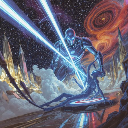 Robot Emblazoned A futuristic robot emblazoned with chrome armor unleashes vibrant laser beams from its piercing eyes, targeting an alien dragged along the metallic floor by a powerful magnetic force. The alien, with iridescent scales and elongated limbs, struggles against its invisible captor. The backdrop showcases a celestial cityscape with towering structures and swirling nebulae. The scene is rendered in a style evocative of classic science fiction illustrations by Robert McGinnis and Frank Frazetta, with dramatic contrasts and a vivid color palette.